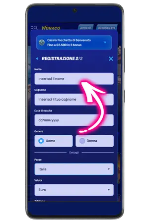 Compilate il modulo dei dati personali in Wonaco Casino