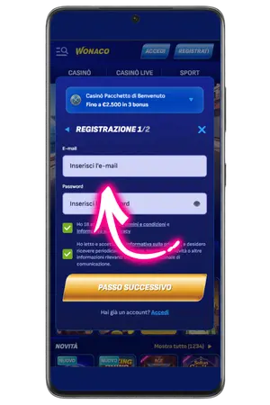 Inserite nome e password in Wonaco Casino